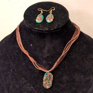 Green Hand Crafted and Painted Polymer Necklace With Matching Hook Earrings